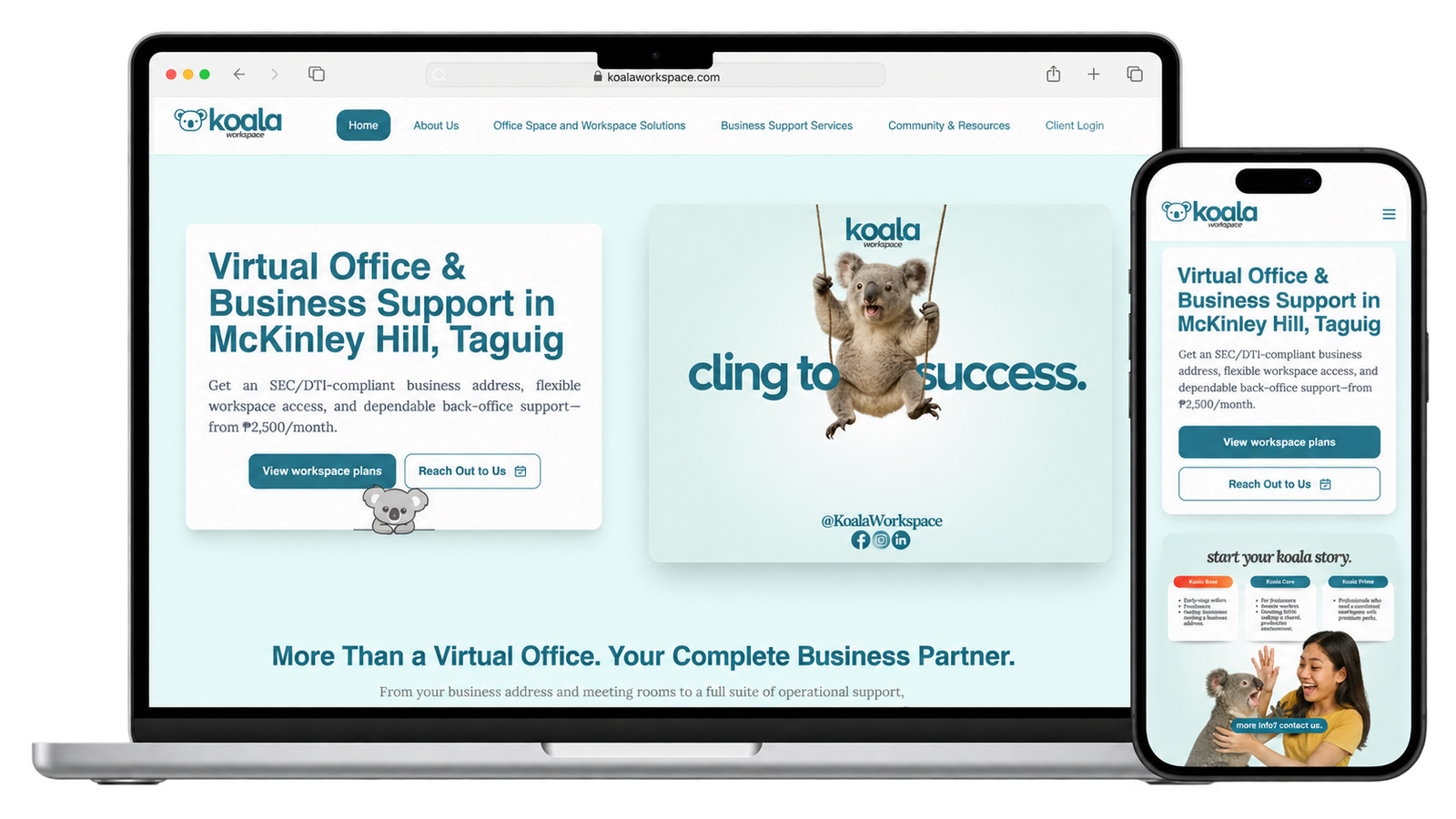 Koala Workspace website presented on a laptop and mobile phone