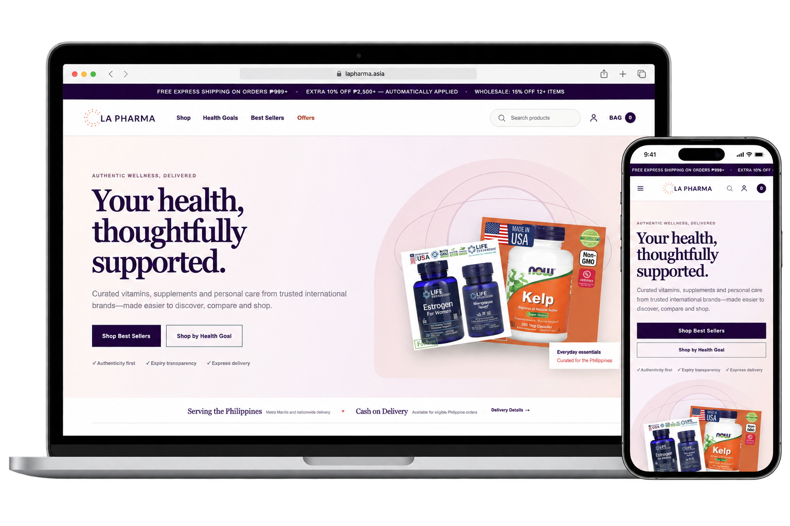 LaPharma online store presented on a laptop and mobile phone